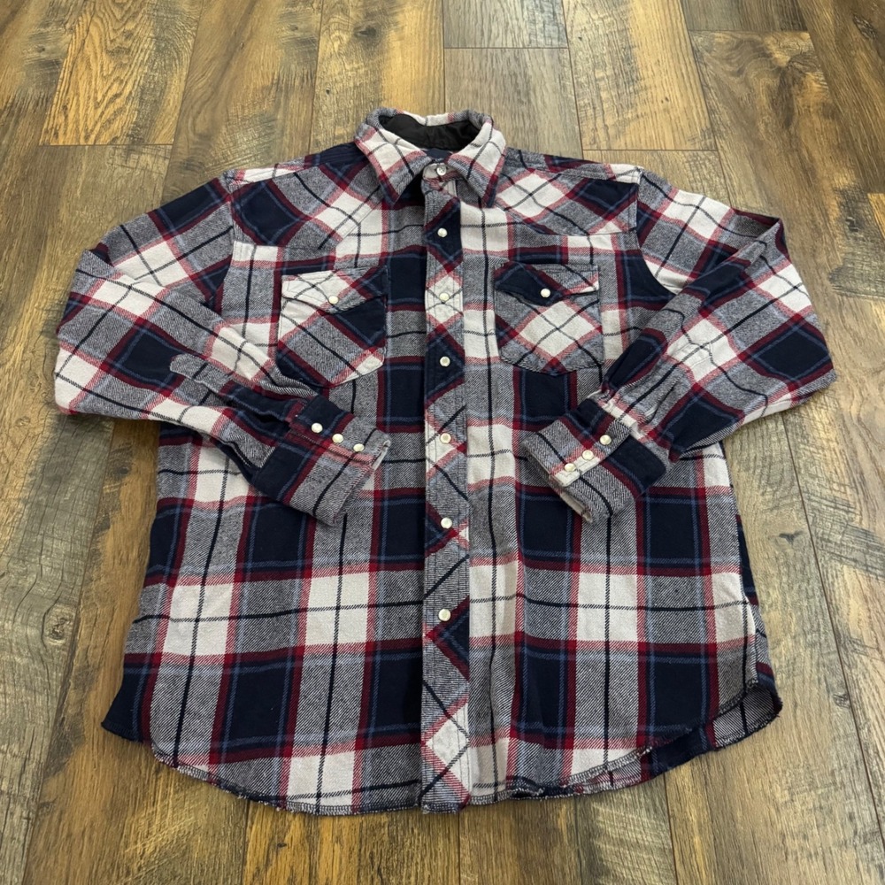 Wrangler Mens Large Blue Red Plaid Flannel Pearl Snap Western Shirt Cowboy Ranch